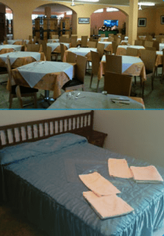 camas y restaurante de Hostal Las Arenas